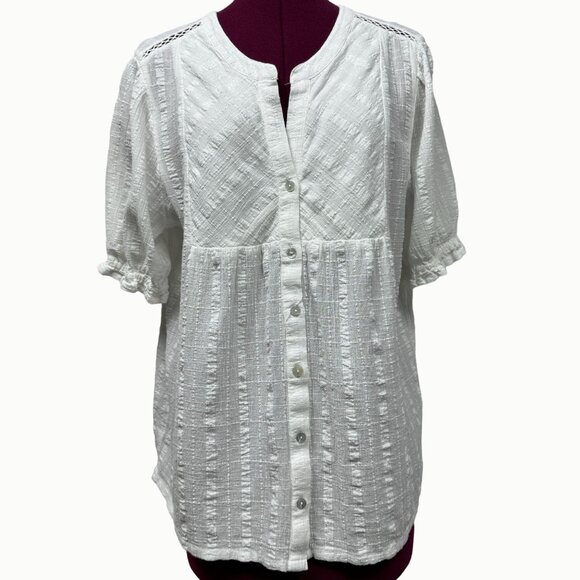 Lucky Brand Tops - Lucky Brand White Cutwork Textured Short Sleeve Button-Up Blouse Tunic Top L
